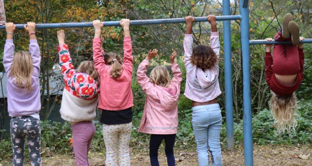 Sechs Kinder hängen im Freien an einer horizontalen Stange, von der Kamera abgewandt. Fünf halten sich mit den Händen fest, während eines, ganz rechts, kopfüber an den Knien hängt. Der Hintergrund ist mit Bäumen und Laub bedeckt.