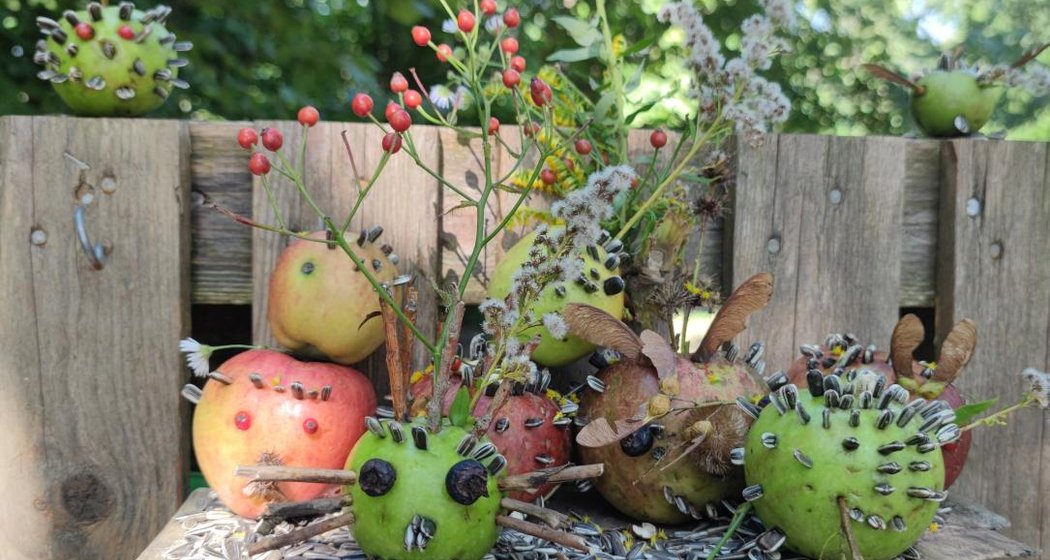 Eine Gruppe von Äpfeln, kreativ dekoriert mit Kernen, Stöcken und Beeren, die wie skurrile Kreaturen aussehen, sind auf einer Holzfläche im Freien mit Grün im Hintergrund angeordnet.
