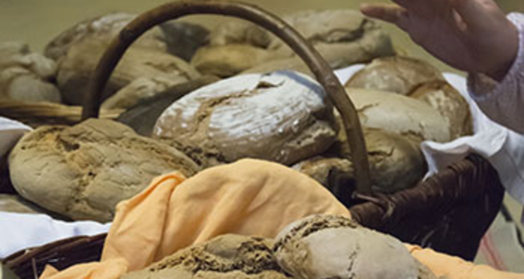 Eine Hand greift nach Körben, die mit runden, rustikalen Broten gefüllt sind, die teilweise mit einem orangefarbenen Tuch bedeckt sind und auf einem Tisch im Haus stehen.