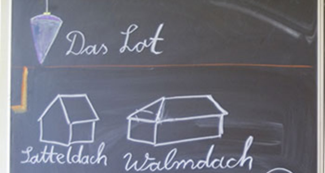Eine Kreidetafel mit deutschen Worten und weißen Kreidezeichnungen verschiedener Dachtypen: Satteldach, Walmdach, Krüppelwalmdach, Pultdach und Kuppel. Oben steht der Text "Die Wasserwaage, Das Lot.".